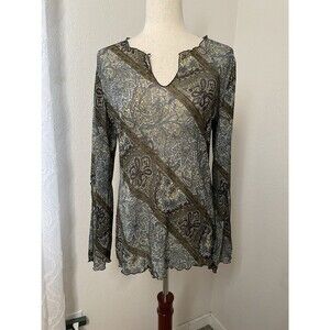 Vanity Women’s Medium Paisley Sheer Chiffon Top Long Sleeve Y2K Lettuce Trim